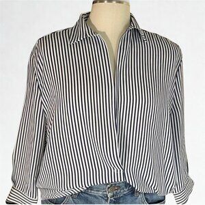 Mod Ref navy and white striped oversized long sleeve deep v-neck classic blouse